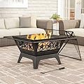 Outdoor Fire Pit - 32-Inch Square Star Wood Burning Firepit, Spark Screen, Poker, Grate and Cover - Wood Fire Pits & Outdoor Fireplaces by Pure Garden