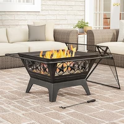 Outdoor Fire Pit - 32-Inch Square Star Wood Burning Firepit, Spark Screen, Poker, Grate and Cover - Wood Fire Pits & Outdoor Fireplaces by Pure Garden