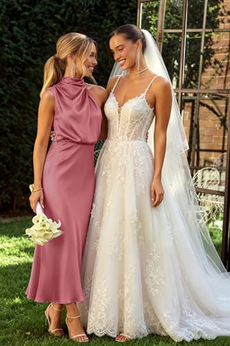 Image of Women's Satin Maxi Dress Summer Formal Wedding Guest Cocktail Dress | Mock Neck Sleeveless,Elegant Silk Midi Long Dress,High Neck,Halter,Aline,Bridesmaid,Bridal Shower Guest,Garden Party,Dinner
