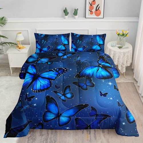 Smell Sunshine Blue Butterfly Comforter Set - 3D Printed Bedding with 1 Comforter and 2 Pillowcases for Boys & Girls Bedroom - All Season