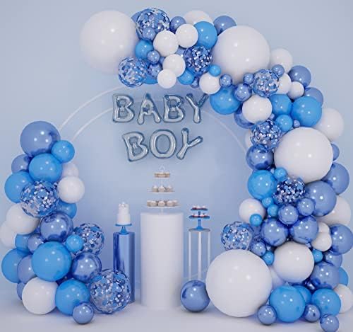 Blue And White Balloon Arch Garland Kit, 125 PCS 5+10+12 Inch Metallic Blue White Baby Boy Confetti Latex Balloons For Baby Shower Decorations Birthday Engagement Party Gender Reveal Balloons Decors