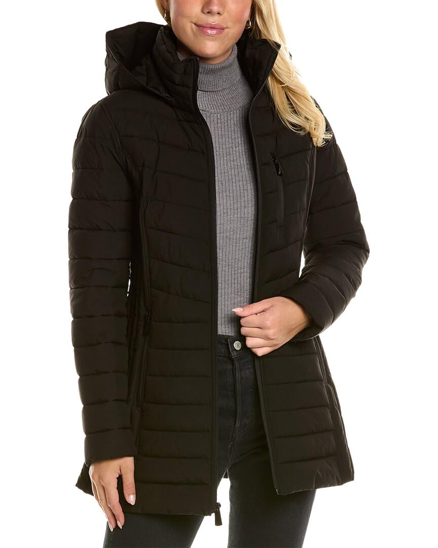 Nautica Women's 3/4 Midweight Stretch Puffer Jacket with Hood, Midnight Black, XS