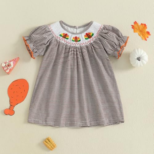 Toddler Baby Girl Thanksgiving Turkey Embroidery Short Sleeve Striped Dress Bubble Clothes3