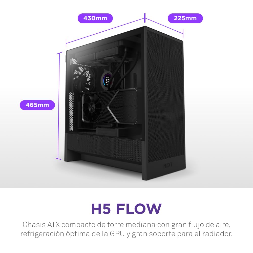 NZXT H5 Flow - Caja PC Semitorre ATX Compacta - Negro | Semitorre compacta con 2 ventiladores de 120mm, soporte de radiador frontal de 360mm y vidrio templado. Ideal primer montaje.