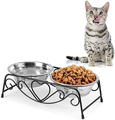 Pet Bowl, Stainless Steel Double Cat Dog Waterer Bowls Elevated Dog Feeder Pet Food Water Bowls with Retro Iron Stand Double Diner…
