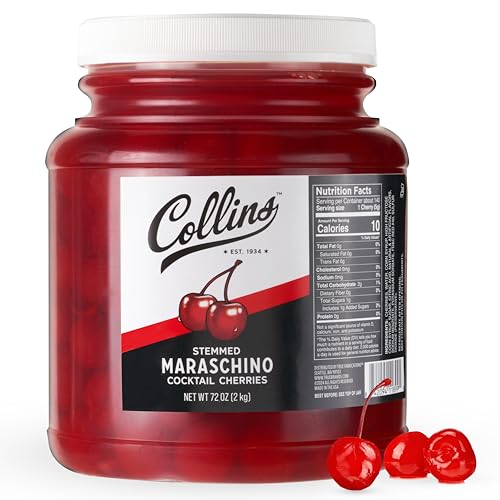Collins 72 oz Stemmed Maraschino Cherries, Bulk Cocktail Garnish for Mocktails, Desserts and Ice Cream Sundaes, Bright Red Cherries with Stems for Party Supply, Food Service & Bars, 4.5 Pound Jar
