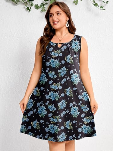 Image of AusLook Plus Size Summer Midi Dress for Women Sleeveless Casual A Line Swing Dress with Pockets Keyhole Neck Beach 1X-5X