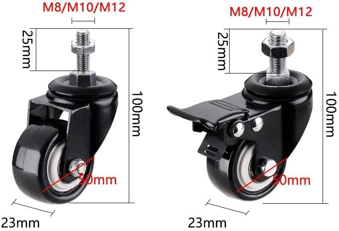 roulettes De Meubles M8 / M10 / M12 Fil 2 Pouces 200kg Tige avec Frein Silencieux Robuste Universel Pivotant Industriel Chariot Roues De Remplacement pour Table Chaise Fleur Support, M12 Thread