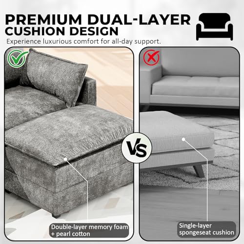 Image of LEVELEVE 112.5 inch L-Shape Modular Sofa with 1 Ottomans, Deep Seat Cloud Convertible Sleeper, 3 Throw 2 Arm Pillows, Cozy Upholstered Furniture for Living Room Apartment, Dark Grey