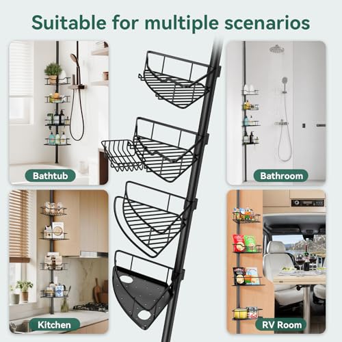 Dimyno Corner Shower Caddy Tension Pole, 4 Tier Rustproof Shower Tension Rod Organizer, Adjustable 25-125 Inch Bathroom Shower Organizer Shelves for Bathtub Shampoo Storage, Black by Dimyno - Used condition - Image 7