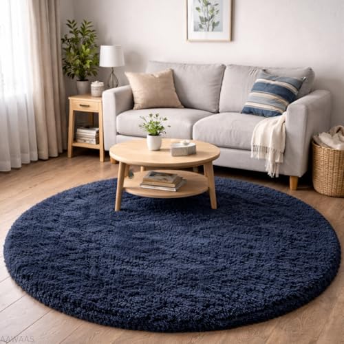 Image of Premium Polyester Shaggy Round Rug - Ultra Soft Fluffy Circle Carpet for Bedroom, Living Room, Kids Room, Anti-Skid Plush Floor Rug - (Blue, 5 feet|150cm)