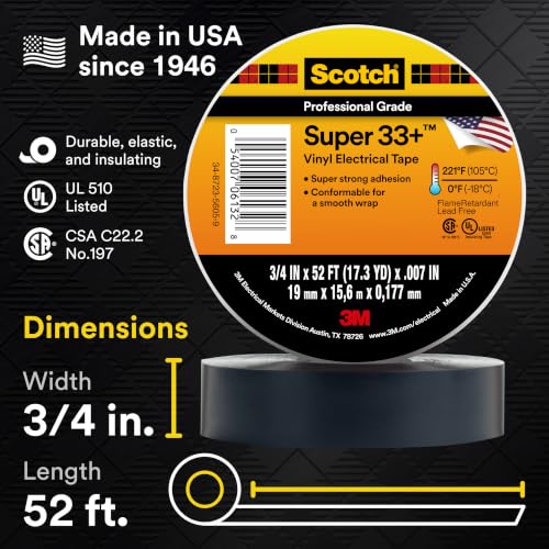 3M Scotch Super 33+ Electrical Tape, 3/4 in x 52 ft, 1 Roll, Black | Premium Grade All-Weather Vinyl, Resistant to Abrasion, Moisture, Corrosion, Alkalies - image 2