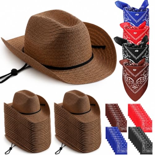 Image of Coume 36 Set Straw Cowboy Hats with Bandana Include 36 Cowboy Party Hats 36 Western Scarf in 4 Color for Cosplay Accessories