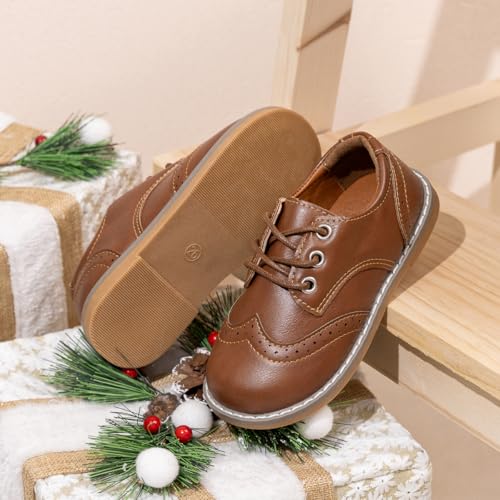 Image of Meckior Toddler Boys Girls Dress Shoes Little Kid Oxford Shoes Wedding Church Dress Shoes PU Leather Lace Up School Uniform Loafer Flats