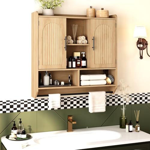 RUSTOWN Fluted Bathroom Wall Cabinet, Mid-Century Modern Medicine Cabinet with Adjustable Shelves & Towel Bar,3-Tier Wall Mounted Cabinets, Over The Toilet Storage Cabinets for Bathroom, Natural Oak by RUSTOWN - Image 2