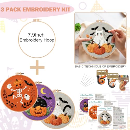 Image of Nuberlic Halloween Embroidery Kit for Beginners, 3 Pcs Easy Embroidery Kits for Adults Starter Cross Stitch Kit DIY Art Crafts Gifts for Women Men Friends, Home Decor