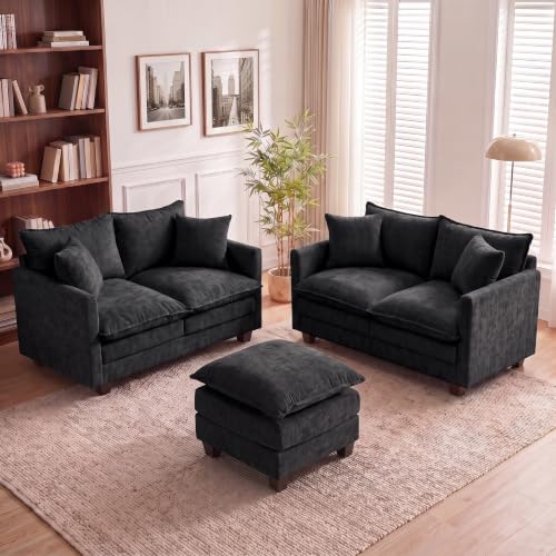 Image of 50'' Loveseat Sofa Set with Ottoman, Small Couch Set 2 Piece Cloud Love Seat 27 inch Deep Seat Washable Pillows Couches for Small Spaces Apartment Living Room, Black