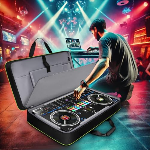 Image of SNIGJAT DJ Controller Case for DDJ-FLX10 / DDJ-GRV6 / REV5 / REV7 / FLX6 / 1000, Padded Large DJ Controller Bag with 12 Pockets for Laptop, Cables, Accessories, DJ Carrying Case with Shoulder Strap, Green