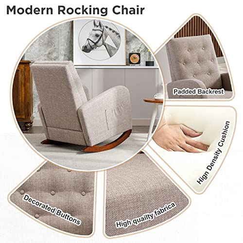 Rocking Chair Modern,Upholstered Glider Rocker Chair For Nursery,Comfy Armchair With Side Pocket For Living Room (Camel) #TOP3