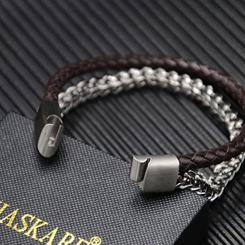 HASKARE Mens Real Leather Chain Bracelet - Brown Braided Leather Bracelet with Classic Chain Solid Cuban Link Chain Leather Bracelets, Trendy Jewelry Gift for Men Father (8, Brown) - Image 4