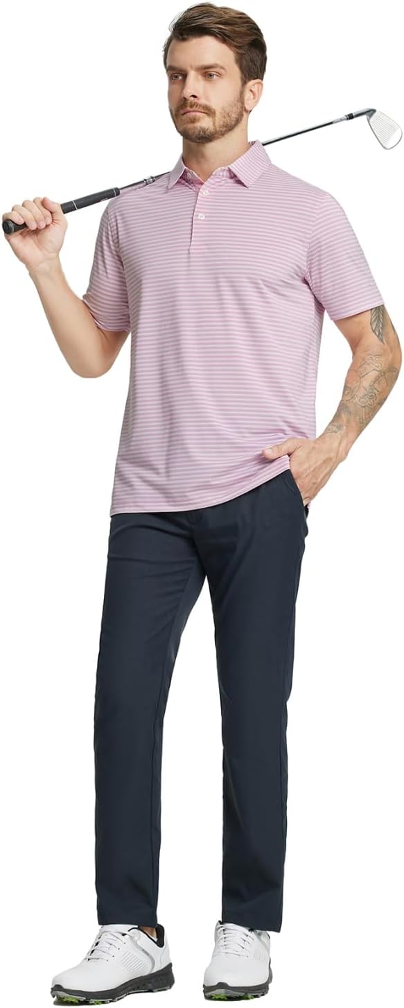 Rouen Golf Shirts for Men Moisture Wicking Lightweight Dry fit Performance Sports Stripe Collared Golf Polo Shirts for Men
