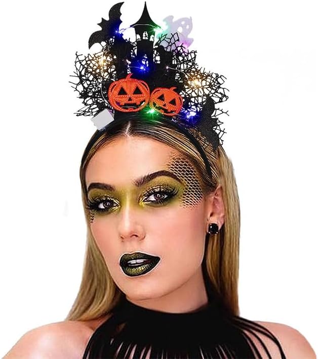 CAKURE Diadema iluminada para disfraz de Halloween, bandas para el cabello negras brillantes, accesorios para el cabello, para discotecas, fiestas y
