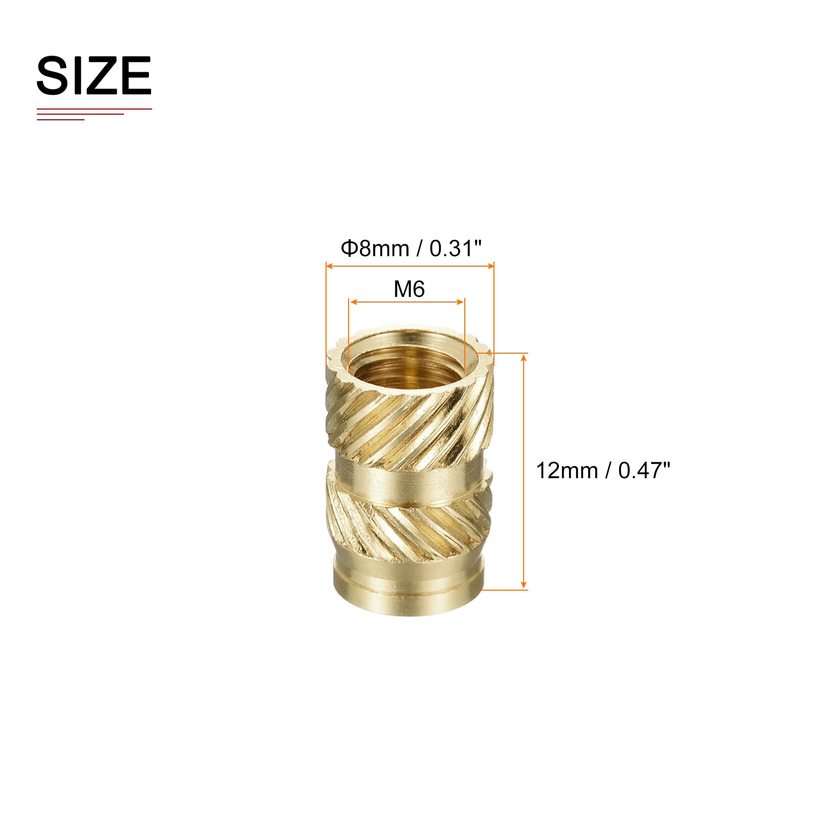 DTGN M6x12mmx8mm(IDxLxOD) Knurled Insert Nuts - 30 Pack - Good for Plastic Shells - Brass Female Thread Heat Set Inserts Embedment Nut