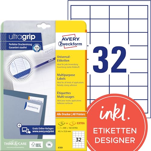 AVERY Zweckform 4789 Universal Etiketten (800 plus 160 Klebeetiketten extra, 48,3x33,8mm auf A4, Papier matt, individuell bedruckbar, selbstklebende Aufkleber mit ultragrip) 30 Blatt, weiß