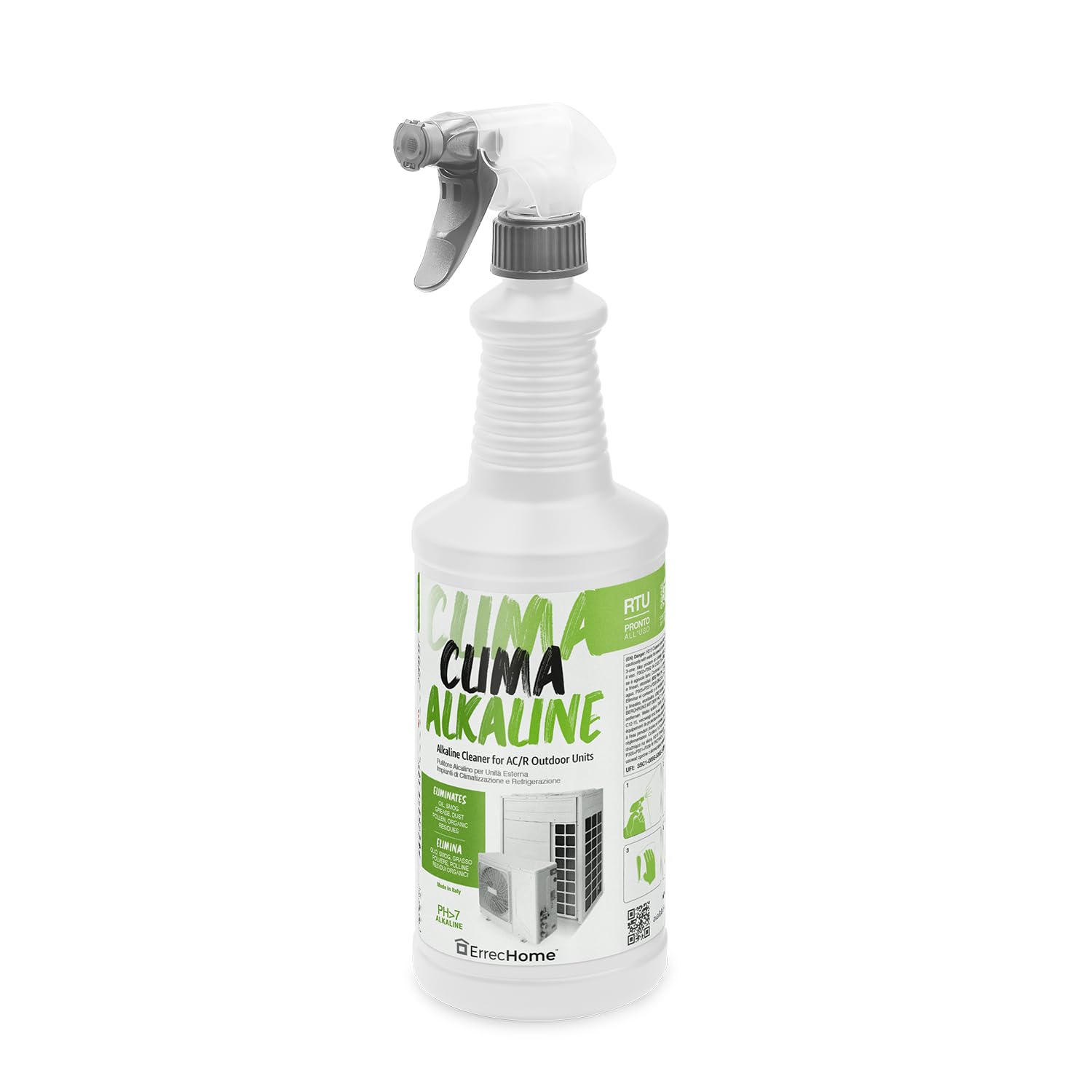 ERRECHOME Clima Alkaline, Alkaline Cleaner for Outdoor Units of Air Conditioning and Refrigeration Systems, Ready-to-Use, 1 L Spray Bottle