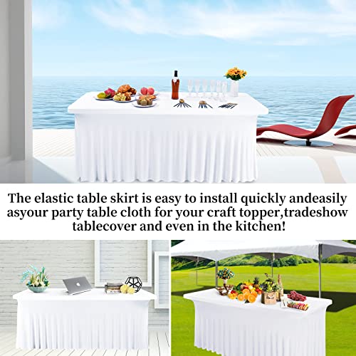 Rewomc 2 Pack 8Ft Spandex Table Skirt Fitted White Stretch Tablecloth,One-Piece Wrinkle-Resistant Ruffles Design Installs In Seconds,Perfect For Rectangle Tables Banquets Parties Wedding Thanksgiving #TOP3