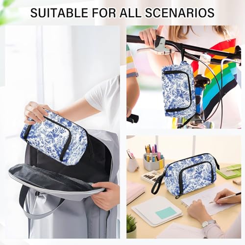 Image of Big Capacity Pencil Pen Case for Adults, Blue Flowers Pencil Bags Portable Makeup Bag Stationery Storage for College Office