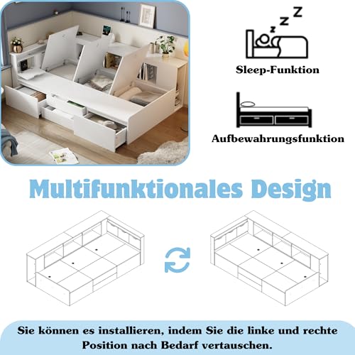 Aoskem Einzelbett Kinderbett Bett 90x200 Bett mit Stauraum Schubladen & Stauschrank & Bücherregal, Holzbett Stauraumbett Bettgestell Bettkasten, Flachbett Jugendbett Funktionsbett, Ohne Matratze, Weiß