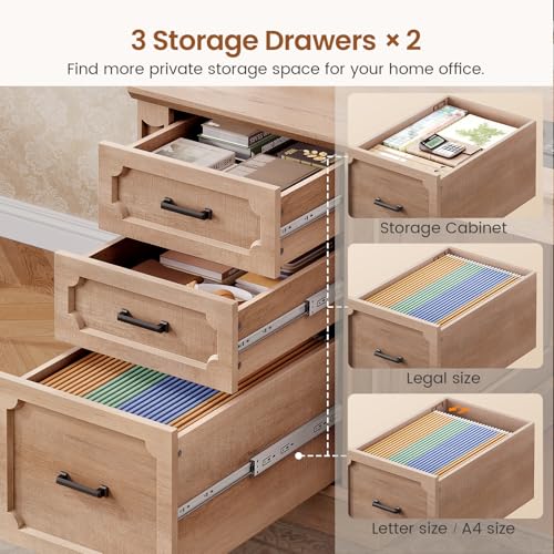 Image of SEDETA 67 inch Farmhouse Desk with Hutch, L Shaped Office Desk with 4 Drawers & Storage Cabinet, Executive Corner Computer Desk with Sliding Doors, File Drawer & Power Outlet for Home Office, Oak