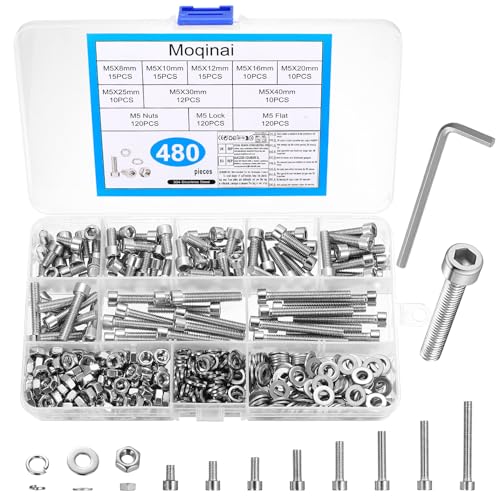 480 Stück M5 Schrauben Set M5 Zylinderschrauben mit Innensechskant Schrauben Muttern Set Edelstahlschrauben und Unterlegscheiben Sets Gewindeschrauben Muttern Sets Maschinenschrauben Sortiment