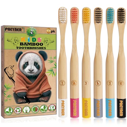 paeyaer Kids Bamboo Toothbrushes - 6 Pack, Organic Soft Bristle Toothbrush for Kids, Biodegradable Children's Toothbrushes (𝐏𝐥𝐚𝐧𝐭-𝐁𝐚𝐬𝐞𝐝 𝐁𝐫𝐢𝐬𝐭𝐥𝐞𝐬, 𝐁𝐏𝐀-𝐅𝐫𝐞𝐞)