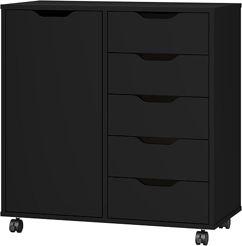 Panana Cómoda de 5 cajones con 1 puerta, cómoda de madera con cajones y ruedas, gabinete de almacenamiento para oficina y dormitorio (Negro-S)