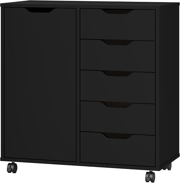 Panana 5-Drawer Chest with 1 Door, Wooden Chest of Drawers Storage Dresser Cabinet with Wheels, Office Organization and
