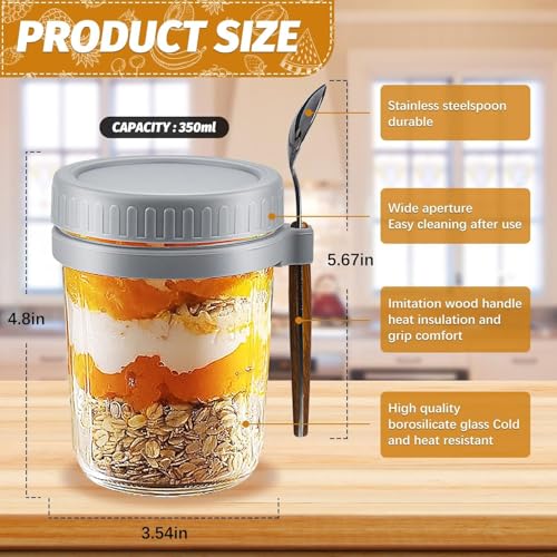 Image of Zephorus 2Pcs Oats Containers With Lids And Spoons 350 Ml Glass Mason Jars For Overnight Oats Leak Proof Oatmeal Container Great For Cereal Fruit Vegetable Milk Salad Yogurt (Multi color, 2Pcs)