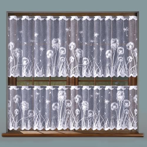 MforStyle White CAFE Net Curtain floral design DANDELIONS - Kitchen Bathroom curtain - HEMMED Sides - MANY SIZES - (selected curtain: 2 Metres Width, DROP: 20 (50cm)
