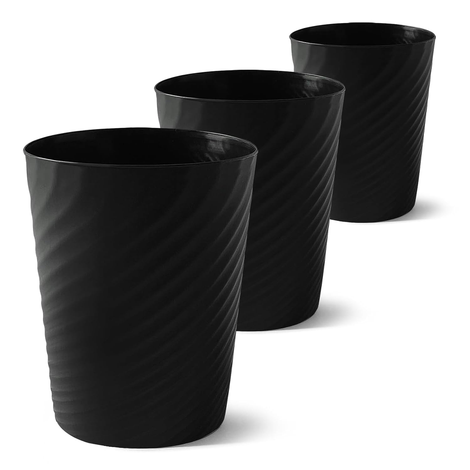 Duscdesp 3 Pack Plastic Waste Paper Bin,8L Stripe Trash Can,Minimalist Uncovered Small Bin,Round Waste Paper Basket for Kitchen Bathroom Bedroom Office Toilet(3 Pack Black)