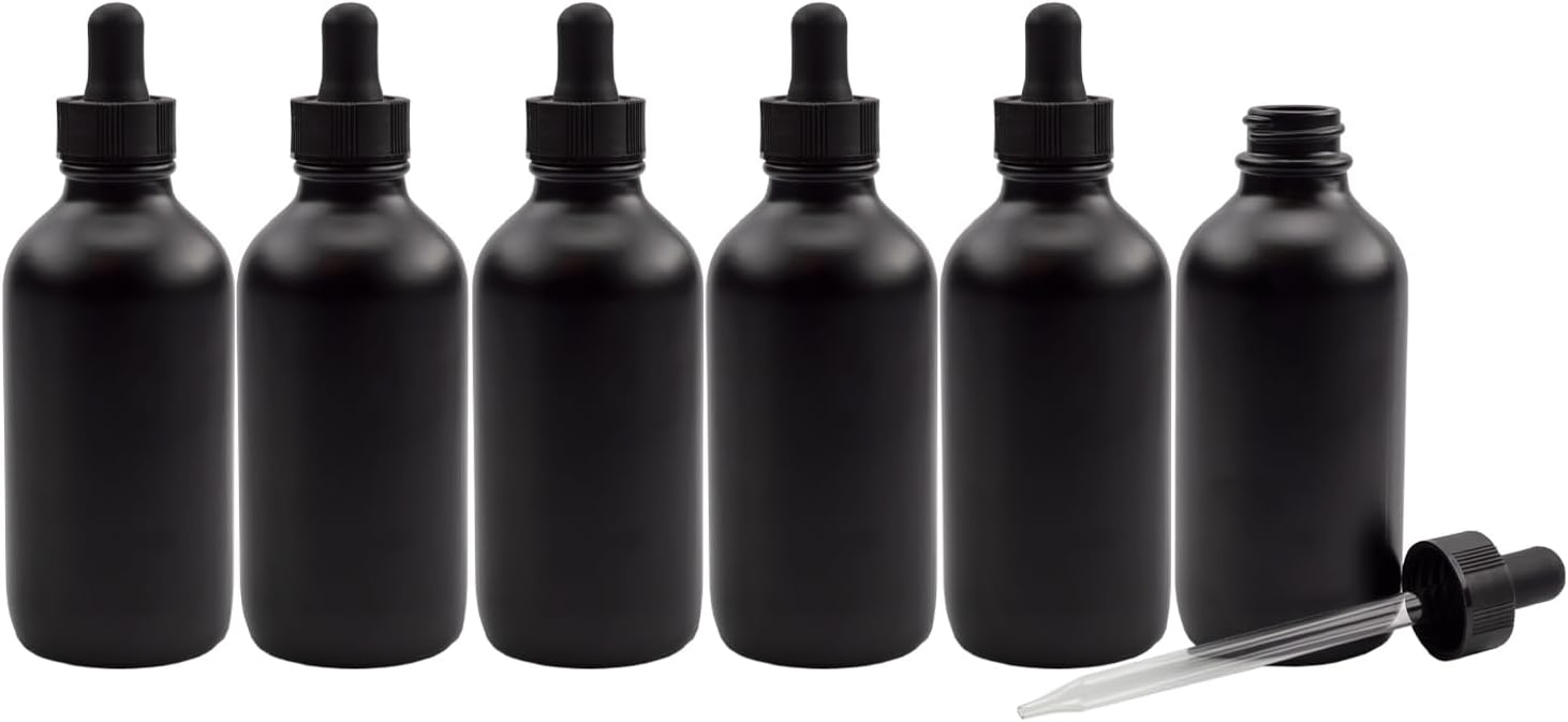 Cornucopia Brands 4oz Black Glass Dropper Bottles (Pack of 6) Refillable Glass Eye Dropper Containers for Essential Oils, Cosmetics, and Cooking