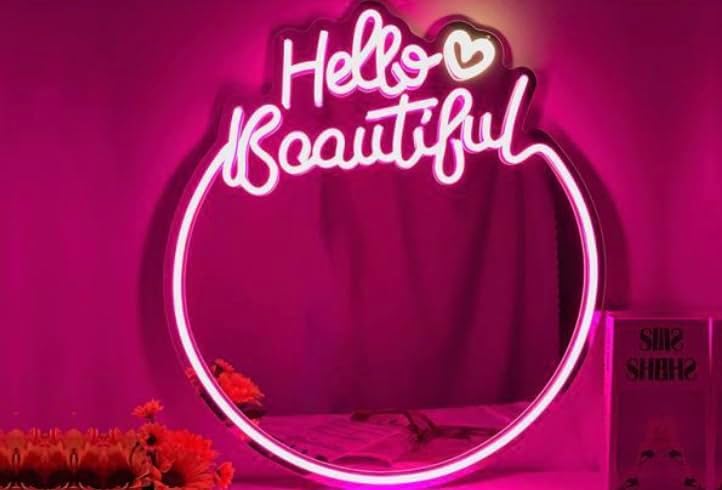 Dingula Letrero de neón de espejo Hello Beautiful  Arte de pared LED acrílico rosa, espejo de luz de neón alimentado por USB con regulador