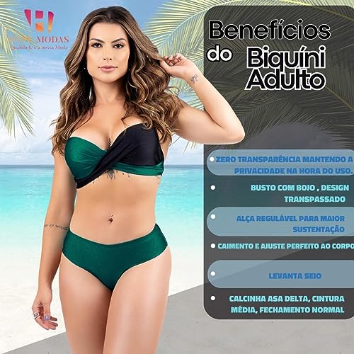 Biquíni Bicolor Com Bojo Transpassado Levanta Seio Textura Brilho Cor:Verde;Tamanho:G-42-44