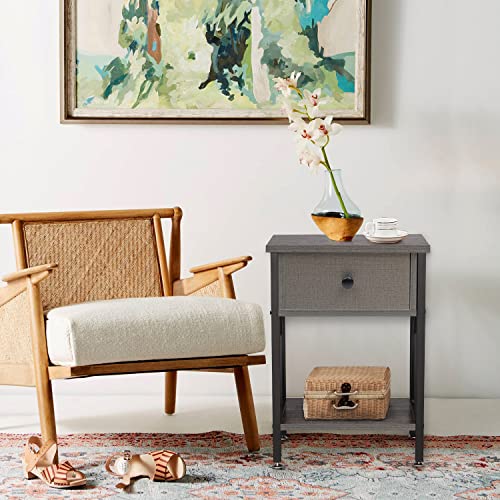 Vecelo Vintage Nightstand, End Side Table With Drawer And Shelf, Home Decoration For Living Room Bedroom, X-Shape Legs And Water-Proof Surface, Hemp Gray, (Set Of 2) #TOP7