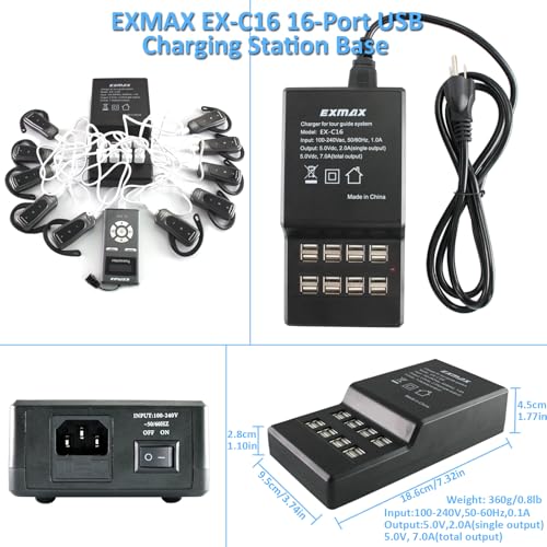 EXMAX-EX-318 Sistema de guía de turismo inalámbrico con receptor audífono y micrófono para iglesia, interpretación simultánea, enseñanza, conferencia (1 transmisor y 10 receptores con estación de carga USB de 16 puertos) miniatura 2