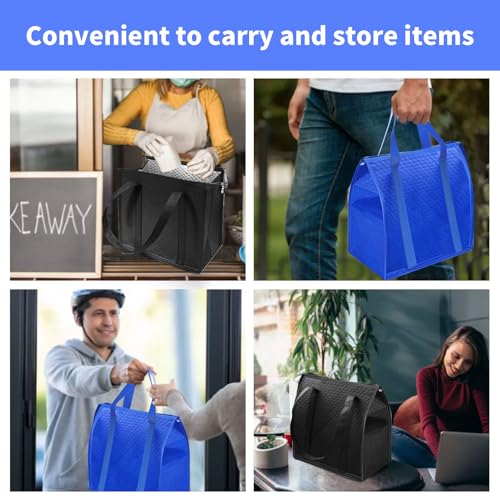 12 Pcs Insulated Bags Large Reusable Shopping Thermal Cooler Tote Bags for Grocery Food Delivery with Zippered Top for Hot or Cold Storage (Blue,Black)