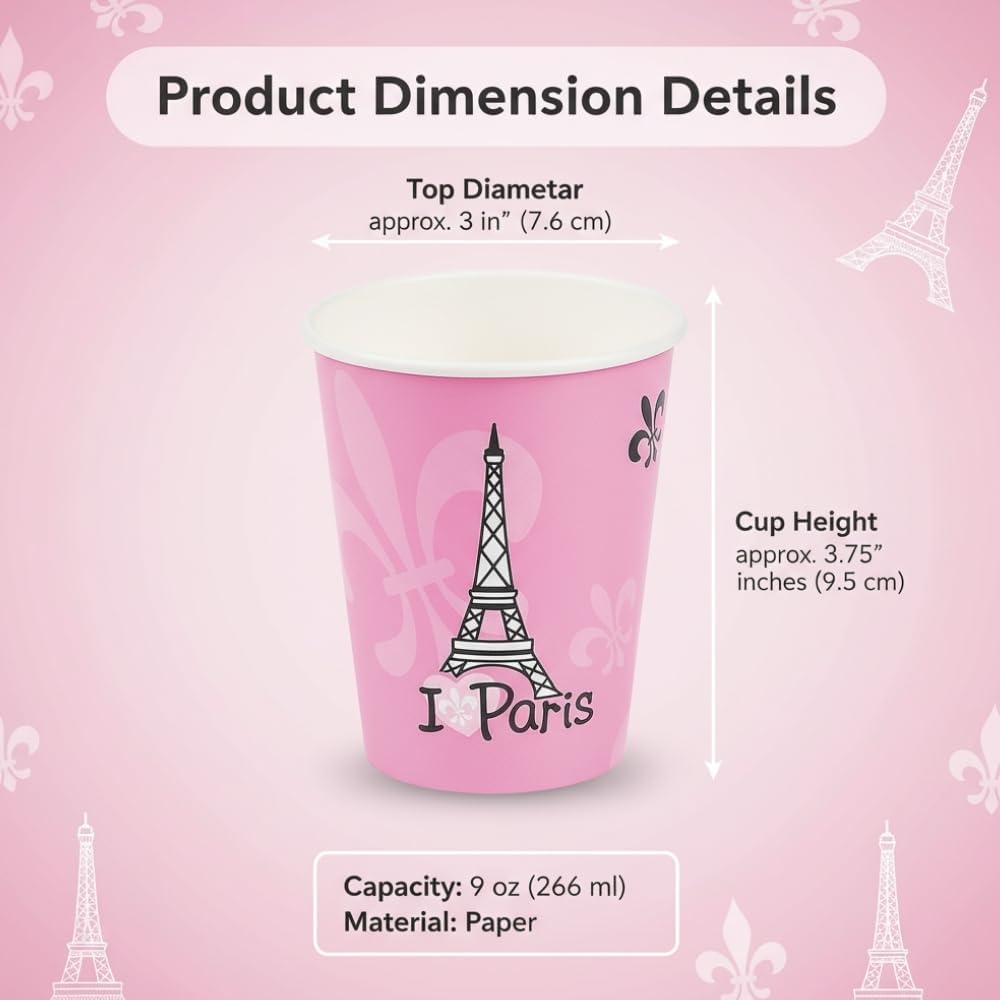Perfectly Paris Eiffel Tower Pink Disposable Paper Cups, 9 oz, 8-Count – Cute Pink Party Cups for Birthday, Baby Shower, Bridal Shower & Paris Theme Decorations – Fun Tableware for Events
