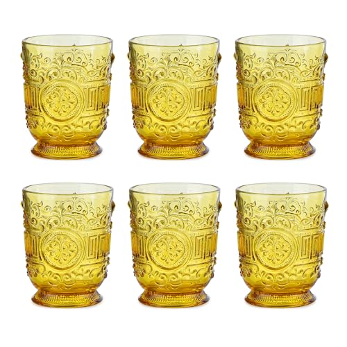Sungmor Vintage Old Fashioned Glasses Beverage Cups, Set of 6 Amber Color Glass Tumblers Lowball Glasses, 10 oz Whiskey Glasses Cocktail Drinking Glassware, Embossed Design Water Cups Juice Glasses