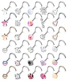 MILACOLATO 30Pcs Nose Rings Studs for Women Men 316L Stainless Steel Nose Piercings Jewelry 18G 20G Straight L Shaped Corkscrew Nose Rings Cubic Zirconia Opal Nose Studs Hypoallergenic S 18G