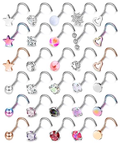 MILACOLATO 30Pcs Nose Rings Studs for Women Men 316L Stainless Steel Nose Piercings Jewelry 18G 20G Straight L Shaped Corkscrew Nose Rings Cubic Zirconia Opal Nose Studs Hypoallergenic